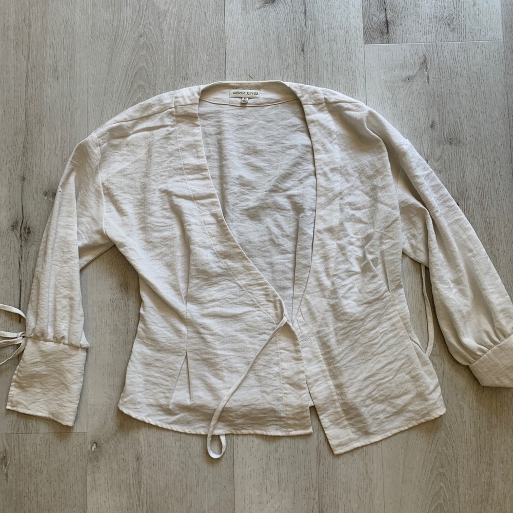 Moon River Cream Textured Wrap Blouse Tie Cuff Long Sleeve Top XS
